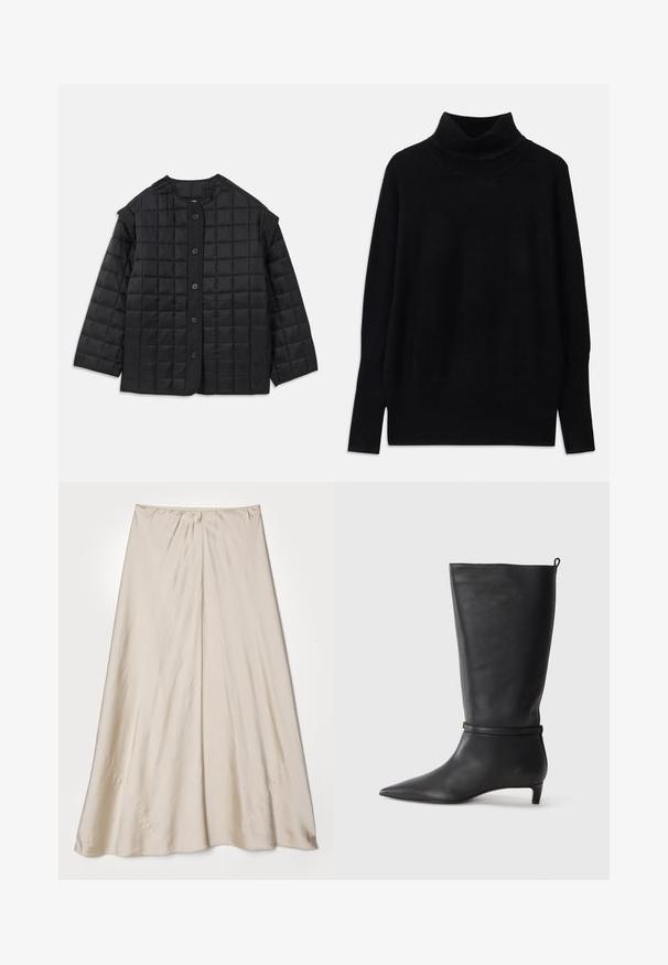 Zwarte gewatteerde jas met een ronde halslijn, lange mouwen en een knoopsluiting aan de voorkant. Kenmerkt zich door vierkante stiknaden en een gestructureerde stof.; Zwarte coltrui gemaakt van zachte stof, met geribbelde accenten bij de kraag en manchetten, met een losse pasvorm en zijsplitten.; Beige satijnen rok met een uitlopende silhouette. Heeft een verzamelde tailleband en een subtiele glans, met schuine naden en een vloeiende val.; Zwarte leren kniehoog laars met een spitse neus, accentueert door een ronde band rond de enkel en een lage, taps toelopende hak. Glad textuur.