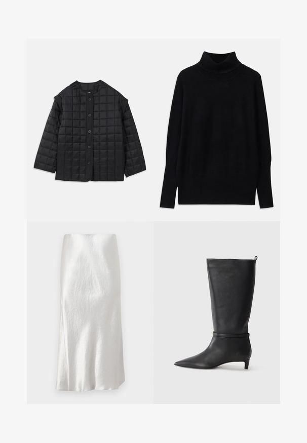 Črna prešita jakna s zaobljenim ovratnikom, dolgimi rokavi in sprednjim zapiranjem na gumbe. Ima kvadratne šive in teksturirano tkanino.; Črni turtleneck pulover iz mehke tkanine, z rebrastimi detajli ob ovratniku in manšetah, sproščenim krojem in stranskimi razporki.; Bela satenska midi krila s subtilno gubano teksturo, rahlo razširjenim krojem in gladkim finišem, ki ima skrit pas.; Črne usnjene visokokakovostne škornje do kolen s koničastim nosom, okrašene s krožno zanko okoli gležnja in nizko, oblikovano peto. Gladka tekstura.