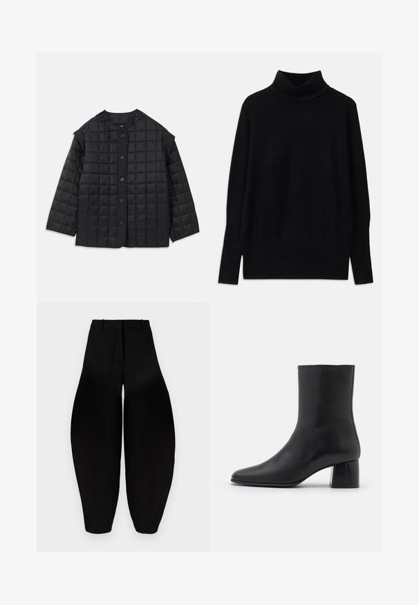 Čierna prešívaná bunda s okrúhlym výstrihom, dlhými rukávmi a predným zapínaním na gombíky. Má štvorcové prešívanie a textúrovanú tkaninu.; Čierny rolák vyrobený z mäkkej tkaniny, s rebrovanými akcentmi na golieri a manžetách, s voľným strihom a bočnými rozparky.; Čierne široké nohavice s vysokým pásom, skladaným predným dielom a užšími členkami. Vyrobené z hladkej látky s matným povrchom.; Čierna kožená členková čižma s špicatou špičkou a masívnym štvorcovým podpätkom. Hladká textura s bezšvovým dizajnom a minimalistickým prešívaním.