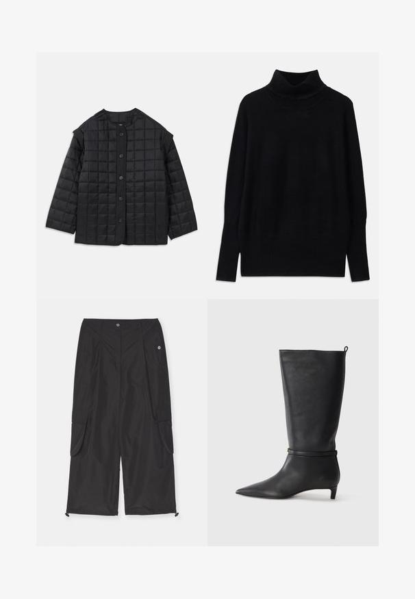 Mustlehvaga musta värvi tikandiga jope, millel on ümmargune kaelus, pikad varrukad ja ees nuppudega sulgemine. Omab ruudukujulist tikandit ja tekstuurset kangast.; Must mustriga pehme kangast, millel on soonikdetailid kaeluse ja varrukaotste juures, lõdva lõike ja küljetükkidega.; Musthave mustad, valmistatud kergest kangast, millel on küljetaskud, reguleeritav nööriga alläär ja nupuvajutus.; Must musta põlvik, terava ninaga, millel on ümber pahkluu ümar rihm ja madal, kergelt kitsenev konts. Sile tekstuur.