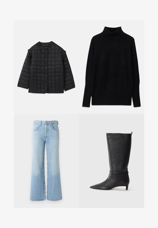 Fekete steppelt dzseki kerek nyakkivágással, hosszú ujjal és elülső gombos záródással. Négyzetes varrás és texturált szövet jellemzi.; Fekete garbó pulóver puha anyagból, bordás részletekkel a gallérnál és az ujjak végén, laza fazonnal és oldalsó sliccekkel.; Világoskék farmer, flared fazonnal, magas derékkal, öt zsebbel és enyhe kopással az alsó részen. Standard derékszíjjal és gombos záródással rendelkezik.; Fekete bőr, térd fölé érő csizma, hegyes orral, kör alakú pánttal a bokán és alacsony, keskeny sarkú. Simára csiszolt textúra.
