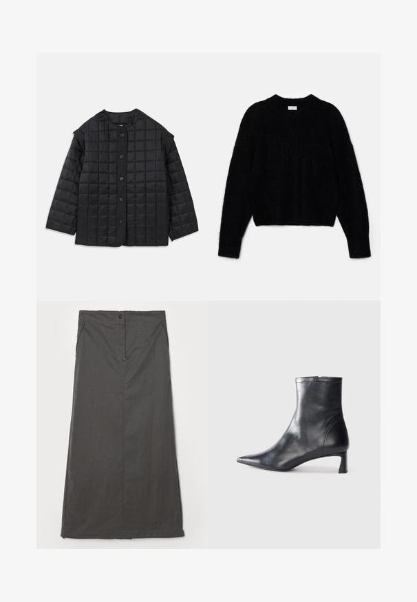Sort quiltet jakke med rund halsudskæring, lange ærmer og knappelynlås foran. Har firkantet syning og en tekstureret stof.; Sort cropped sweater lavet af blødt materiale. Har en rund halsudskæring og lange ærmer med en blød tekstur. Minimalistisk design, ingen mønstre.; Hvid bomulds-t-shirt med korte ærmer, rund halsudskæring, afslappet pasform og stitched søm. Mærket er synligt indeni halsen.; Grå nederdel lavet af et let materiale, med et lige design, forlommer, en enkelt knaplukning og subtile syninger.; Sort læder ankelstøvle med spids tå og et strømlinet design. Har en lav hæl og en lynlås lukning bagpå. Glat tekstur.