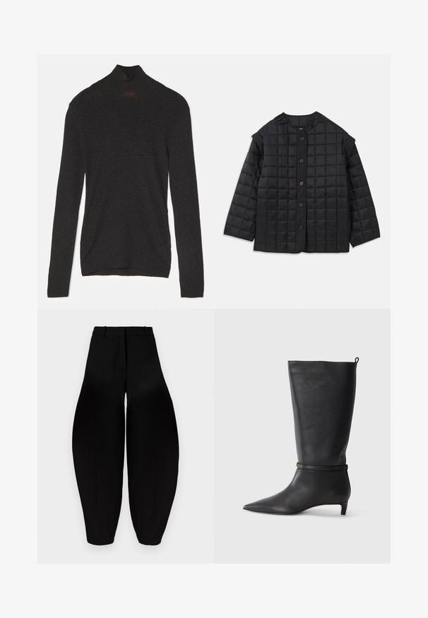 Giacca nera trapuntata con scollatura arrotondata, maniche lunghe e chiusura frontale con bottoni. Presenta cuciture quadrate e un tessuto testurizzato.; Maglione a maniche lunghe nero con collo alto, realizzato in tessuto morbido con un leggero lucido. Presenta una silhouette aderente e un design con collo alto.; Pantaloni neri a gamba larga con vita alta, fronte plissettato e caviglie affusolate. Realizzati in tessuto liscio con finitura opaca.; Stivale in pelle nera alta fino al ginocchio con punta affusolata, adornato da una fascia circolare attorno alla caviglia e un tacco basso e conico. Texture liscia.