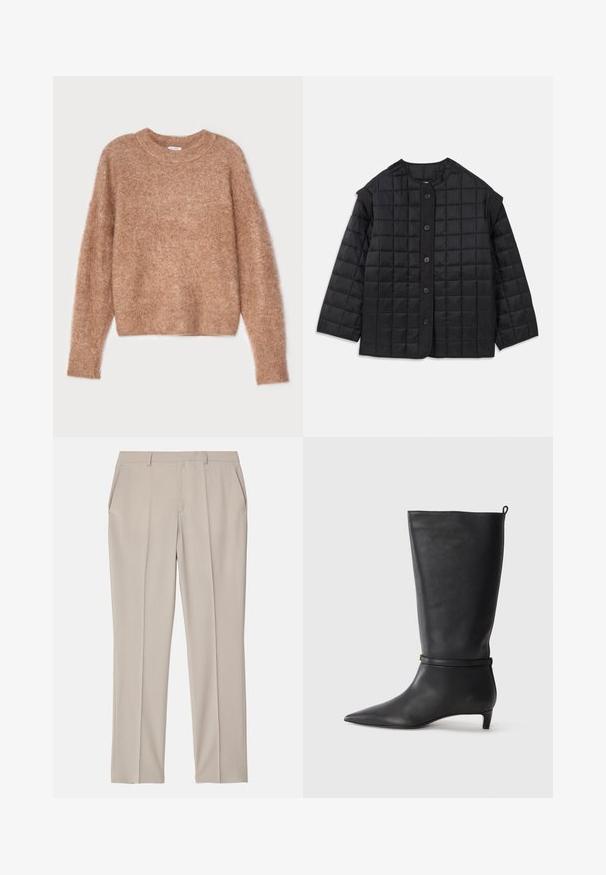 Schwarze gesteppte Jacke mit rundem Ausschnitt, langen Ärmeln und vorderem Knopfverschluss. Verfügt über quadratische Steppung und einen strukturierten Stoff.; Filippa K FLUFFY - Strickpullover - dark beige; Filippa K EMMA TROUSERS - Stoffhose - desert tau; Schwarze Lederkniehohe Stiefel mit spitzem Zehen, akzentuiert durch einen runden Riemen um das Knöchel und einen niedrigen, tapernden Absatz. Glatte Textur.