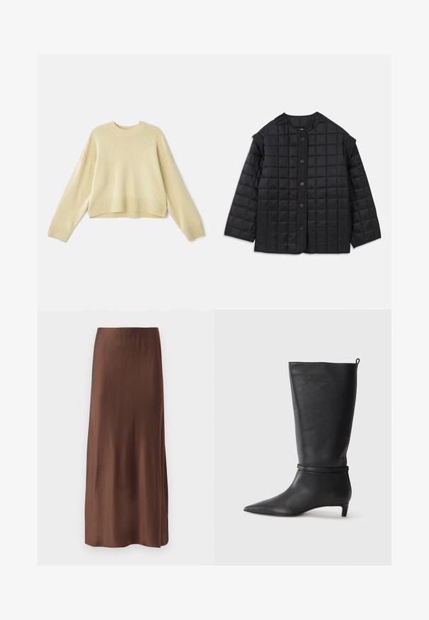 Jachetă neagră matlasată cu guler rotund, mâneci lungi și închidere frontală cu butoane. Prezintă cusături pătrate și un material texturat.; Vanessa Bruno ESTHER - Pulover - jaune; Fustă midi din satin maro, cu o textură netedă, având o croială dreaptă și fără imprimeuri sau ornamente vizibile. Design simplu și elegant.; Botă din piele neagră, până la genunchi, cu vârf ascuțit, accentuată de o curea circulară în jurul gleznei și un toc jos, îngustat. Textură netedă.