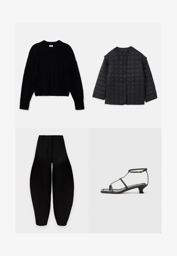 Black quilted jacket with a rounded neckline, long sleeves, and front button closure. Features square stitching and a textured fabric.; Black cropped sweater made of fluffy material. Features a round neckline and long sleeves with a soft texture. Minimal design, no patterns.; Black wide-leg trousers with a high waist, pleated front, and tapered ankles. Made from smooth fabric with a matte finish.; Black leather sandal with a square toe, thin straps, adjustable ankle strap, and a low heel. Features a small gold accent on the strap.