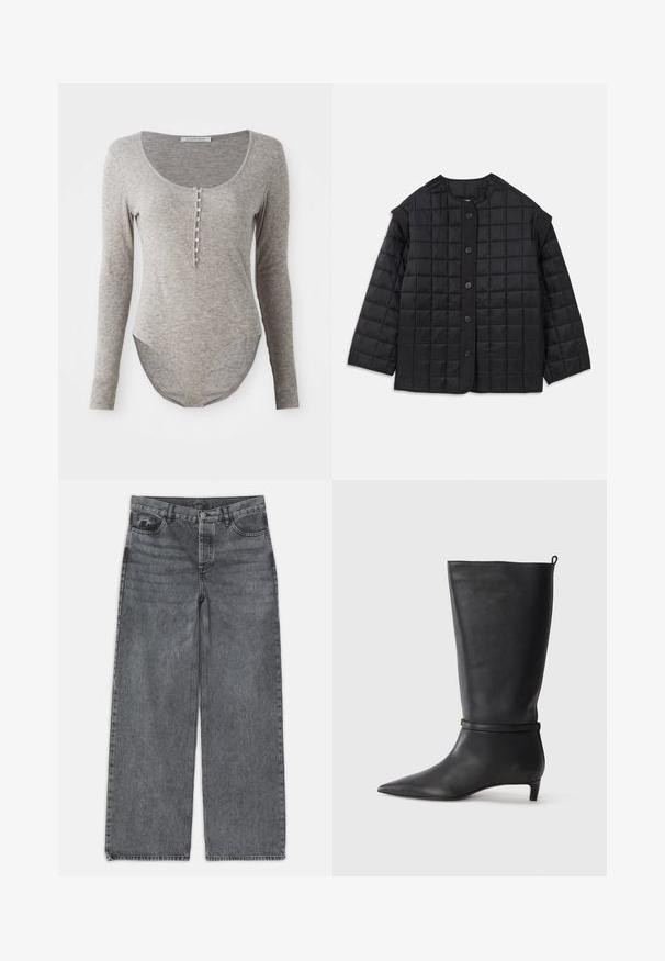 Čierna prešívaná bunda s okrúhlym výstrihom, dlhými rukávmi a predným zapínaním na gombíky. Má štvorcové prešívanie a textúrovanú tkaninu.; Dlhý rukáv body z jemného šedého materiálu, s výstrihom do oblúka, zapínaním na gombíky a zakriveným lemom pre tesný strih.; Džínsy s širokými nohavicami v tmavošedej denimovej farbe. Majú vysoký pás, dizajn s piatimi vreckami a zapínanie na prednej strane na gombík. Hladká textúra s jemným blednutím.; Čierne kožené vysoké čižmy po kolená s špicatou špičkou, s okrúhlym remienkom okolo členku a nízkym, zúženým podpätkom. Hladký povrch.