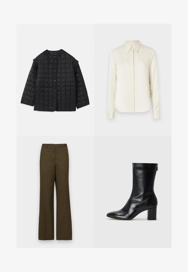 Veste matelassée noire avec un col rond, des manches longues et une fermeture à boutons à l'avant. Présente des coutures carrées et un tissu texturé.; Tiger of Sweden CELSA - Chemisier - ivory white; Pantalons larges en velours olive, fabriqués en tissu en mélange de coton. Comprend une fermeture à bouton à l'avant, des passants de ceinture et deux poches latérales.; Bottine en cuir noir avec un bout pointu et un talon carré de 4 cm. Design élégant avec une fermeture éclair sur le côté pour un enfilage facile. Texture lisse.