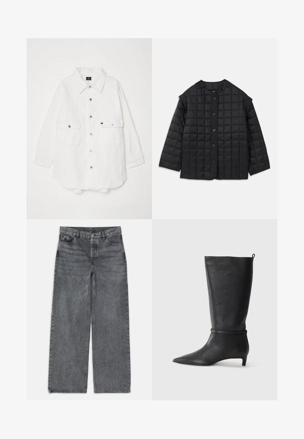 Mustlehvaga musta värvi tikandiga jope, millel on ümmargune kaelus, pikad varrukad ja ees nuppudega sulgemine. Omab ruudukujulist tikandit ja tekstuurset kangast.; Valge puuvillane kaelusega särk, millel on kaks esimist taskut ja neli nuppu ees; lõdva lõike ja käised on mansetiga.; Laia püksid tumedas hallis denimis. Omavad kõrget vööd, viit taskut ning esist nööbist sulgemist. Sile pind kerge kulumisega.; Must musta põlvik, terava ninaga, millel on ümber pahkluu ümar rihm ja madal, kergelt kitsenev konts. Sile tekstuur.