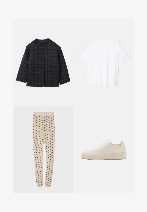 Fekete steppelt dzseki kerek nyakkivágással, hosszú ujjal és elülső gombos záródással. Négyzetes varrás és texturált szövet jellemzi.; Fehér pamut póló rövid ujjal, kerek nyakkivágással, laza fazonnal és varrott szegéllyel. Címke látható a belső nyakrészén.; Beige színű leggings, puha tapintással, kisméretű sötét virágmintával borítva. Rugalmas derékpánt a kényelmes viselet érdekében.; Fehér bőr sportcipő kerek orral, tónusos fűzőkkel és vastag platformtalppal. Minimalista dizájn sima felülettel és látható márkajelzés nélkül.