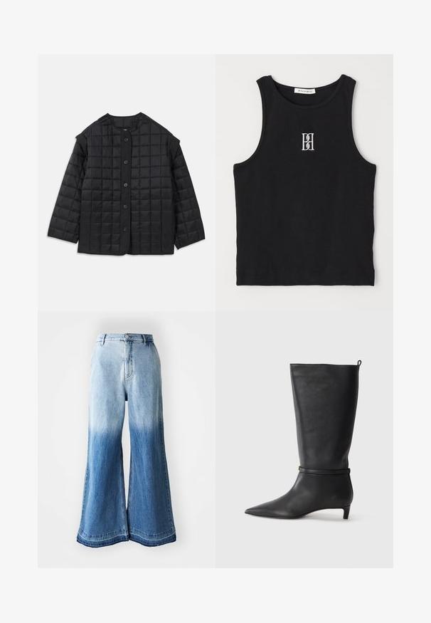 Crna quilted jakna s okruglim izrezom, dugim rukavima i prednjim zatvaranjem na kopčanje. Ima kvadratno prošivenje i teksturiranu tkaninu.; Crna rebrasta majica bez rukava s okruglim izrezom i izvezenim logotipom u bijeloj boji. Tkanina ima glatku teksturu i prilagođen je kroj.; Svjetloplave traperice širokih nogavica s izblijedjelim gradijentom od svijetle do tamne boje, šivenim rubom i dizajnom s pet džepova.; Crne kožne čizme visine do koljena s izduženim prstima, ukrašene okruglom trakom oko gležnja i niskom, suženom petom. Glatka tekstura.