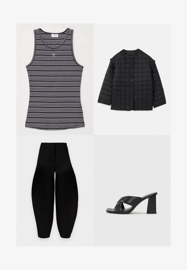 Melna quiltota jaka ar noapaļotu kakla izgriezumu, garām piedurknēm un priekšējo pogu aizdari. Iespējas ar kvadrātveida stūriem un teksturētu audumu.; Melnā un baltā svītrainā bezpiedurkņu krekla, kas izgatavots no mīksta auduma, iezīmējot apaļu kakla izgriezumu un mazu logotipu centrā.; Melnbra plaša kāju bikses ar augstu jostasvietu, gludu priekšpusi un sašaurinātiem potītes daļām. Izgatavotas no gludas auduma ar matētu apdari.; MAX&Co. SOHO - Augstpapēžu sandales - schwarz