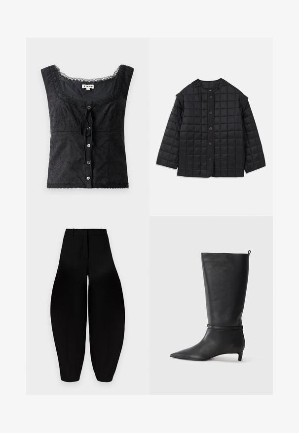 Juodas siuvinėjamas švarkas su apvaliu kaklu, ilgomis rankovėmis ir priekinio mygtuko užsegimu. Yra kvadratinio siuvinėjimo ir tekstūruotos medžiagos.; Juoda be rankovių palaidinė su gėlių siuvinėjimu, apvaliu kaklu, mygtukų uždarymu ir nėrinių apdaila. Priekyje turi surišimą.; Juodos platesnės kelnes su aukštu liemeniu, raukšlėtu priekiu ir siaurėjančiais kulkšniais. Pagamintos iš lygios medžiagos su matinėmis savybėmis.; Juodas odinis iki kelių botas su smailiu batu, akcentuotas apvaliu diržu aplink kulkšnį ir žemu, siaurėjančiu kulnu. Lygi tekstūra.