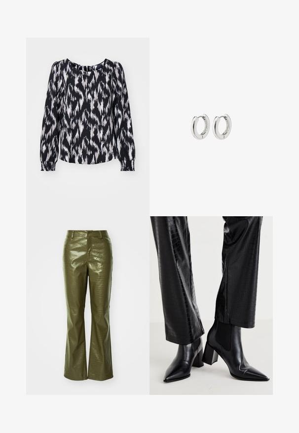 Blazer in ecopelle verde oliva con rever a punta, chiusura a un bottone, due tasche frontali e una texture liscia e raffinata.; Blusa lungo maniche bianco e nero con motivo ikat, con scollatura rotonda e polsini arricciati per una vestibilità rilassata.; Pantaloni in ecopelle verde oliva con texture a coccodrillo, caratterizzati da una vita aderente e gambe svasate. Il materiale ha una finitura lucida.; RAID NEMMA - Stivaletti - black metallic; Orecchini a cerchio in argento con una finitura lucida, caratterizzati da un design circolare e cerniere senza soluzione di continuità, che mostrano una superficie liscia.