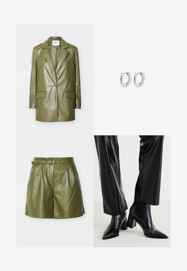 Alyvuogės žalios dirbtinės odos švarkas su įpjovimu, vienu mygtuko uždarymu, dviem priekinėmis kišenėmis ir sklandžia, lygiąja tekstūra.; Dvi kamšos: viena kreminė ir viena juoda. Abi turi plonus dirželius, prigludusią išvaizdą ir švelnų, lygaus paviršiaus audinį.; Žalios odinės šortai su diržo juosta, klostėmis ir matinio paviršiaus tekstūra. Papuošti auksine sagtimi ir šoninėmis kišenėmis, suteikiančiomis papildomo akcento.; RAID NEMMA - Klasikiniai aulinukai - black metallic; Sidabriniai auskarai su poliruotu paviršiumi, turintys apvalią dizaino formą ir be siūlių vyriukus, rodantys lygų paviršių.