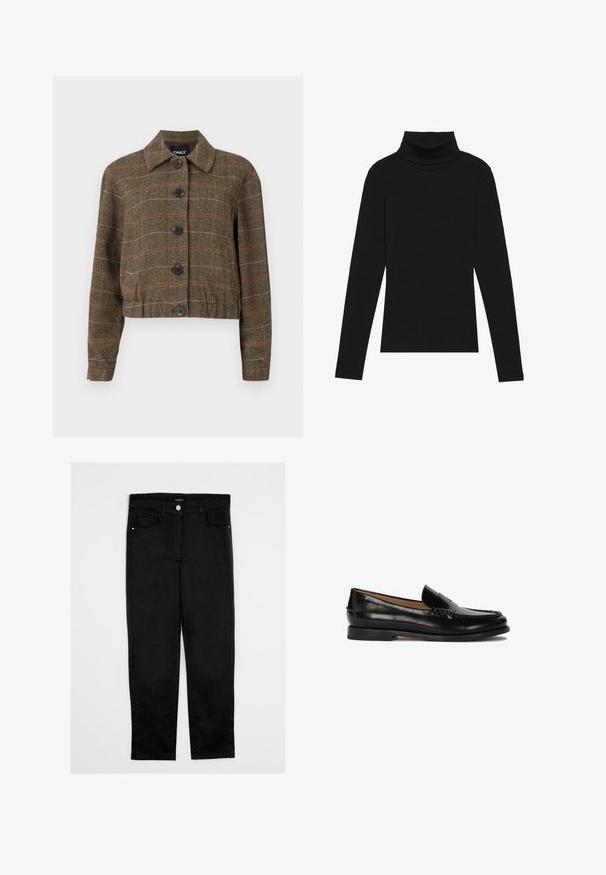 Ruskea houndstooth-kroppijakku, jossa on kaulus, kuusi mustaa nappia ja kontrastiväriä punaisia ja beigejä viivoja kudotussa rakenteessa.; Musta poolalla pitkähihaisen pusero, joka on valmistettu ribbikankaasta, tarjoaa muotoilevan leikkauksen, jossa on korkea kaula-aukko eikä kuvioita tai koristeita.; Mustat farkut suoran leikkauksen, keskikorkean vyötärön, viiden taskun ja etunappi kiinnityksen kanssa. Suzhouhdas rakenne, ei näkyviä kuvioita.; Musta nahkainen loaferi, jossa on pyöreä kärki, helposti puettavan suunnittelun ja hienovaraiset ompeluyksityiskohdat yläosassa. Litttu kumipohja.