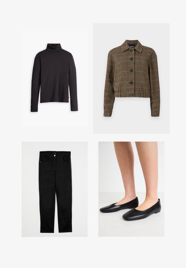 Braune Hahnentritt-Jacke mit Kragen, sechs schwarzen Knöpfen und kontrastierenden roten und beigen Linien in der gewebten Textur.; Schwarzer gerippter Rollkragenpullover mit langen Ärmeln und taillierter Passform. Weicher Stoff, dezenter Stretch und ein Etikett an der unteren Seite.; Schwarze Jeans mit geradem Schnitt, mittelhoher Taille, fünf Taschen und einem vorderen Knopfverschluss. Glatte Textur, ohne sichtbare Muster.; Schwarze Ballettschuhe aus glattem Leder mit runder Zehenpartie und einer niedrigen, flachen Sohle, die ein einfaches Design ohne sichtbare Beschläge aufweisen.