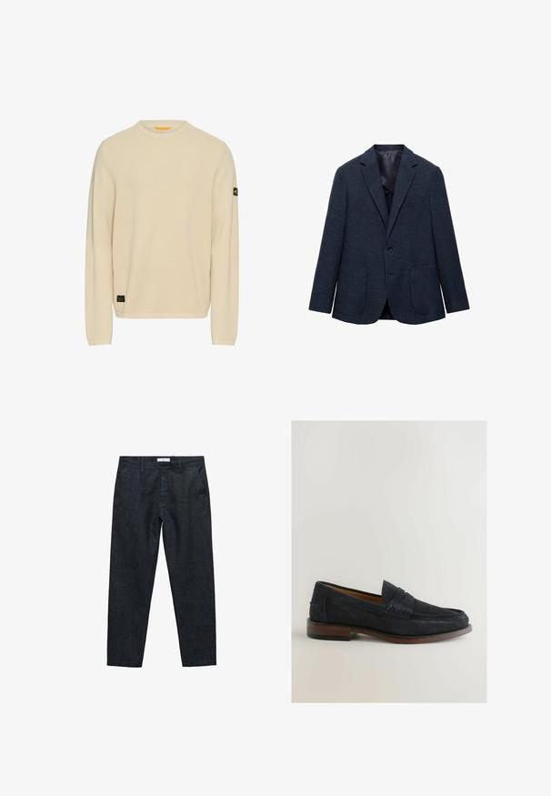 Marineblauer Blazer aus strukturiertem Stoff, mit Einzelknopfverschluss, Reverskragen und zwei aufgesetzten Taschen vorne. Gefüttertes Innenfutter.; Hellbeige gestrickter Pullover mit langem Arm, runder Halslinie, strukturiertem Stoff und einem kleinen schwarzen Logo-Patch am linken Ärmel.; Dunkelblaue Denim-Hosen mit geradem Bein, vorderen Taschen, Knopfverschluss und Gürtelschlaufen. Glatte Textur mit minimalen Nähdetails.; Marineblaue Wildleder-Lederwaren mit gesticktem Akzent und einem niedrigen braunen Holzabsatz. Abgerundete Zehenpartie und schlüpfendes Design ohne sichtbare Beschläge.