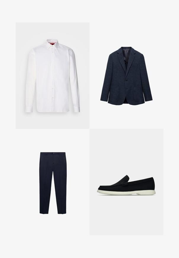 Blazer bleu marine en tissu texturé, fermeture à un bouton, revers crantés et deux poches plaquées à l'avant. Intérieur doublé.; Chemise blanche à manches longues en coton, avec un col classique, une patte de boutonnage à l'avant et une texture lisse. Détail rouge à l'intérieur du col.; Pantalons bleu marine en tissu lisse, présentant une coupe droite, une taille standard avec un bouton et des poches latérales discrètes.; Chaussure noire à enfiler avec un bout arrondi, dotée d'un dessus texturé, d'une semelle blanche lisse et d'un détail de marque subtil sur le côté.