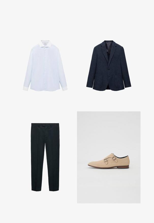 Námořnický modrý blejzr s texturovanou tkaninou, zapínání na jeden knoflík, klopové límce a dvě přední patkové kapsy. Podšívkový interiér.; Svetle modrá pruhovaná košile s dlouhým rukávem, bílým límečkem a manžetami, s předním zapínáním na knoflíky a zakřiveným lemem. Hladká textura látky.; Černé kalhoty z hladké tkaniny, s rovnýcm střihem, dvěma předními kapsami a upraveným pasem s poutky na opasek.; Beige semišová bota s špičatou špičkou, dvojitými přezkami a nízkým dřevěným podpatkem. Hladká textura a minimalistický design.