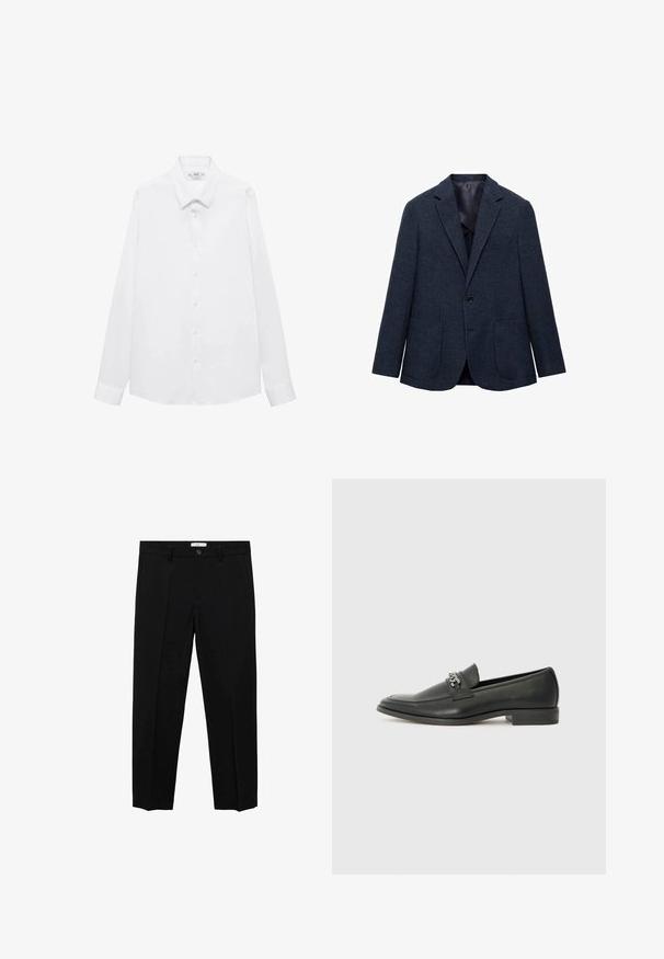 Tummansininen bleiseri, jossa on teksturoitu kangas, yksi nappisuljenta, huolitellut kaulukset ja kaksi etupussia. Vuorattu sisus.; Pitkähihaisen valkoisen puseron, jossa on terävä kaulus, etupainike ja napeilla suljettavat hihat. Tasainen kangas perinteisellä leikkauksella.; Musta räätälöity housut suoralinjaisella leikkauksella, jossa on yksinkertainen nappisulku, vyölenkit ja etusärötys. Valmistettu sileästä kankaasta.; Musta nahkakengät, joissa on sileä pinta, koristeelliset ompeleet ja metalliketjun yksityiskohta kengän päällä. Littee korko.