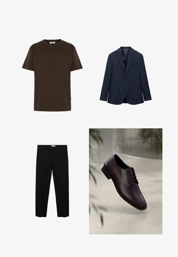 Navy blue blazer with a textured fabric, single button closure, notch lapels, and two front patch pockets. Lined interior.; Minimum AARHUS - Basic T-shirt - 1914 seal brown; Black tailored trousers with a straight cut, featuring a single button closure, belt loops, and front pleats. Made from a smooth fabric.; Burgundy leather shoe with a smooth finish, rounded toe, and black lace-up closure. Features a small logo on the side and a sturdy black sole.