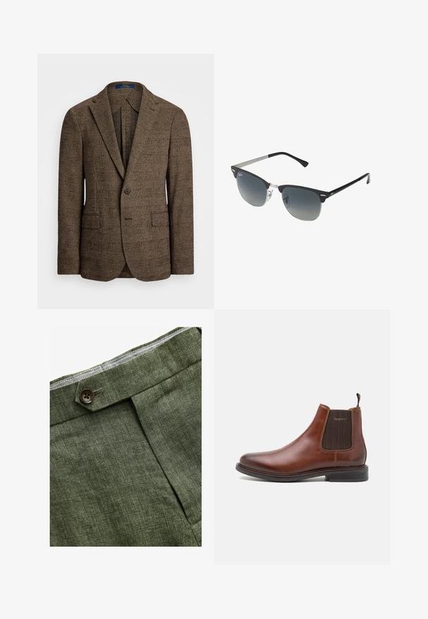 Braun kariertes Sakko mit Spitz- Revers, zwei Vordertaschen und einem Knopfverschluss. Der strukturierte Stoff verleiht dem Design Tiefe.; Hellblaues Langarmhemd mit Knopfleiste, klassischem Kragen, geradem Saum und subtiler Textur. Mit zentraler Knopfverschluss.; Olivengrüne Leinenhose mit einem Bundfalten, ausgestattet mit einem Knopfverschluss und einem kontrastierenden karierten Futter am Bund.; Braune Leder-Chelsea-Stiefel mit elastischen Seitenpaneelen, runder Zehenpartie und niedrigem, gestapeltem Absatz. Strukturiertes braunes Element an den Seiten.; Schwarze und silberne Sonnenbrille mit Katzenaugenform, verlaufenden Gläsern und metallischen Akzenten im Rahmen. Plastische Bügel mit grauen Spitzen.
