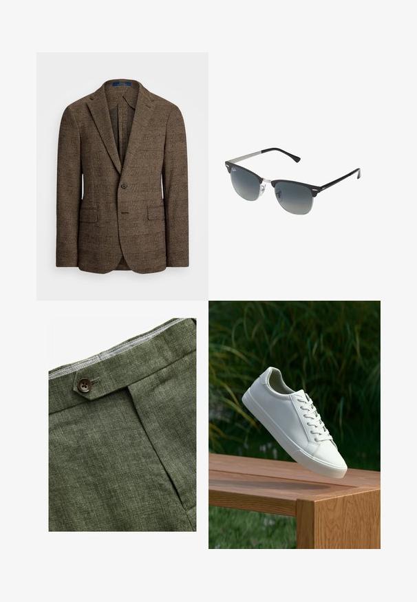 Ruskea ruutukuosiset bleiseri, jossa on leikkauslaput, kaksi etutaskua ja yksi nappikiinnitys. Rakenteellinen kangas lisää syvyyttä muotoilulle.; Vaaleansininen pitkähihainen nappipaita klassisella kauluksella, suora helma ja hienovarainen rakenne. Keskellä nappisuljenta.; Olivinvihreät pellavahousut, joissa on etupleetti, napin kiinnitys ja vyötäröllä erottuva ruudullinen vuori.; Valkoiset nauhalla kiinnitettävät lenkkarit leijuvat puupenkillä, taustalla vihreää kasvillisuutta, tuoden esiin kengän muotoilua ja pintarakennetta.; Mustat ja hopeiset aurinkolasit, joissa on kissansilmämuoto, gradientti linssit ja metalliset yksityiskohdat kehysissä. Muoviset sangan päät harmaat.