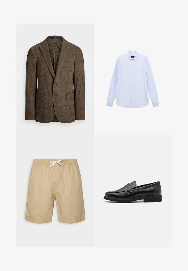 Brązowa marynarka w kratę z wyciętym kołnierzem, dwoma przednimi kieszeniami i zapięciem na jeden guzik. Teksturowana tkanina dodaje głębi do projektu.; Jasnoniebieska koszula z długim rękawem, zapinana na guziki, z klasycznym kołnierzykiem, prostym dołem i subtelną teksturą. Posiada centralne zapięcie na guziki.; Beżowe bawełniane szorty z elastycznym pasem, sznurkiem i dwoma bocznymi kieszeniami. Gładka tekstura, długość do kolan.; Czarne syntetyczne mokasyny z wyraźnym przeszyciem z przodu, wyściełaną wkładką i płaską gumową podeszwą; smukły design z minimalnymi detalami.