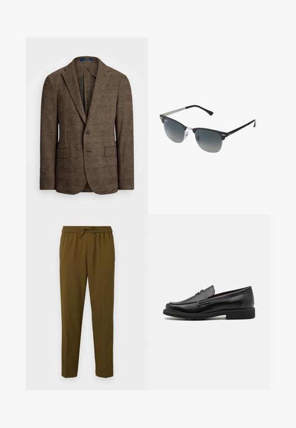 Blazer à carreaux marron avec un col cranté, deux poches avant et une fermeture à un bouton. Le tissu texturé ajoute de la profondeur au design.; Chemise boutonnée à manches longues bleu clair avec un col classique, un ourlet droit et une texture subtile. Présente une fermeture par bouton central.; Pantalon léger vert olive avec une taille élastique et un cordon de serrage réglable. Il présente des jambes droites et aucune poche. Texture lisse.; Chaussures de ville synthétiques noires avec un devant cousu bien visible, semelle intérieure rembourrée et semelle extérieure en caoutchouc plate ; design épuré avec un minimum de détails.; Lunettes de soleil noires et argentées avec une forme œil de chat, des verres dégradés et des accents métalliques sur la monture. Branches en plastique avec des embouts gris.