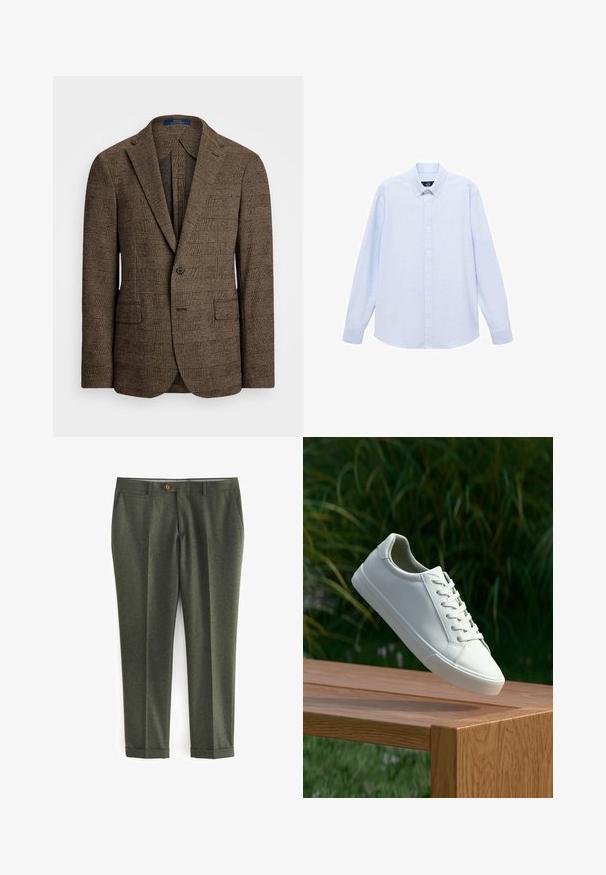 Smešani smeđi sako s oštrim reverima, dva prednja džepa i jednim dugmetom. Teksturalna tkanina dodaje dubinu dizajnu.; Svijetloplava košulja dugih rukava s dugim rukavima i klasičnim ovratnikom, ravnim rubom i suptilnom teksturom. Ima središnje kopčanje na gumbe.; Tamnozelene hlače od teksturiranog materijala, s bočnim džepovima, prednjim zatvaranjem na dugme i okoštanim manžetama za krojeni izgled.; Bijele tenisice s vezicama lebde iznad drvenih klupa uz pozadinu zelenog lišća, prikazujući dizajn i teksturu obuće.
