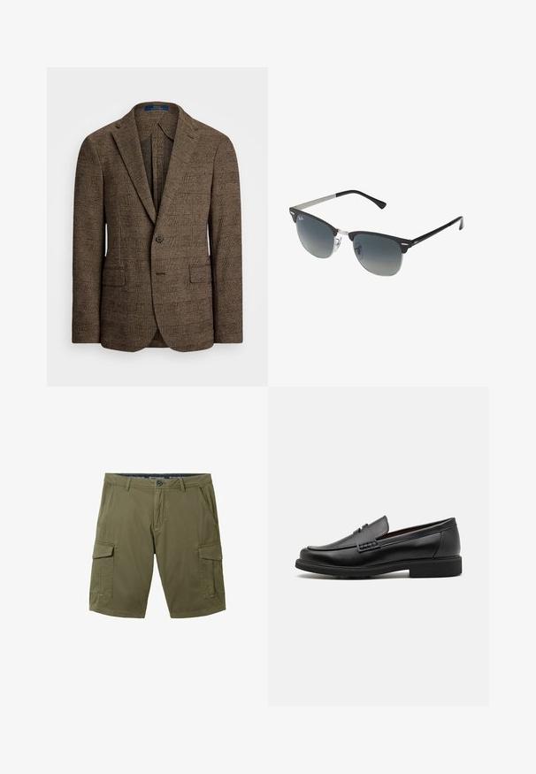 Braun kariertes Sakko mit Spitz- Revers, zwei Vordertaschen und einem Knopfverschluss. Der strukturierte Stoff verleiht dem Design Tiefe.; Hellblaues Langarmhemd mit Knopfleiste, klassischem Kragen, geradem Saum und subtiler Textur. Mit zentraler Knopfverschluss.; Olivgrüne Cargo-Shorts aus Baumwollmischung, mit zwei Seitentaschen und zwei Cargotaschen, Knopfverschluss und Gürtelschlaufen.; Schwarze synthetische Slipper mit einer markanten gesteppten Vorderseite, gepolstertem Fußbett und flacher Gummisohle; schlankes Design mit minimaler Detailverarbeitung.; Schwarze und silberne Sonnenbrille mit Katzenaugenform, verlaufenden Gläsern und metallischen Akzenten im Rahmen. Plastische Bügel mit grauen Spitzen.