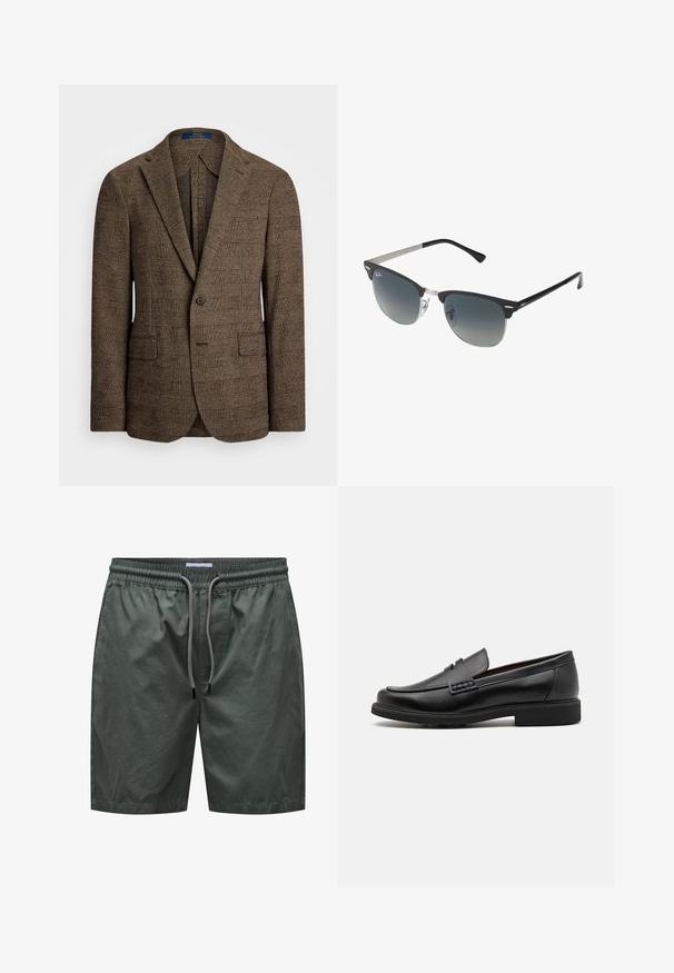 Braun kariertes Sakko mit Spitz- Revers, zwei Vordertaschen und einem Knopfverschluss. Der strukturierte Stoff verleiht dem Design Tiefe.; Hellblaues Langarmhemd mit Knopfleiste, klassischem Kragen, geradem Saum und subtiler Textur. Mit zentraler Knopfverschluss.; Grüne Shorts aus leichtem Stoff mit elastischem Bund und Zugband, featuring eine glatte Textur und ein einfaches Design.; Schwarze synthetische Slipper mit einer markanten gesteppten Vorderseite, gepolstertem Fußbett und flacher Gummisohle; schlankes Design mit minimaler Detailverarbeitung.; Schwarze und silberne Sonnenbrille mit Katzenaugenform, verlaufenden Gläsern und metallischen Akzenten im Rahmen. Plastische Bügel mit grauen Spitzen.