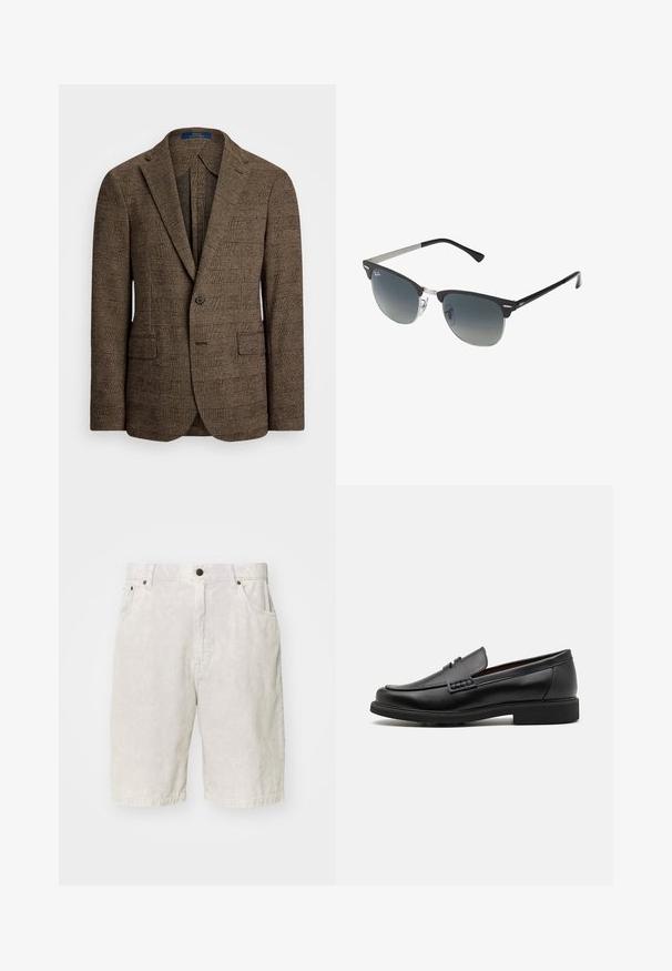 Bruine geruite blazer met een notch-lapel, twee voorzakken en een knoopsluiting met één knop. Gestructureerde stof voegt diepte toe aan het ontwerp.; Lichtblauwe overhemd met lange mouwen, knoopsluiting en een klassieke kraag, met een rechte zoom en een subtiele textuur. Voorzien van een centrale knoopsluiting.; Grijze corduroy shorts met een gestructureerd oppervlak, uitgerust met een knoopsluiting, riemlussen en twee zijzakken.; Zwarte synthetische loafers met een opvallende gestikte voorkant, gevoerde binnenzool en platte rubberen buitenzool; slank ontwerp met minimale details.; Zwarte en zilveren zonnebril met een cat-eye vorm, gradient lenzen en metalen accenten op het montuur. Plastic armen met grijze punten.