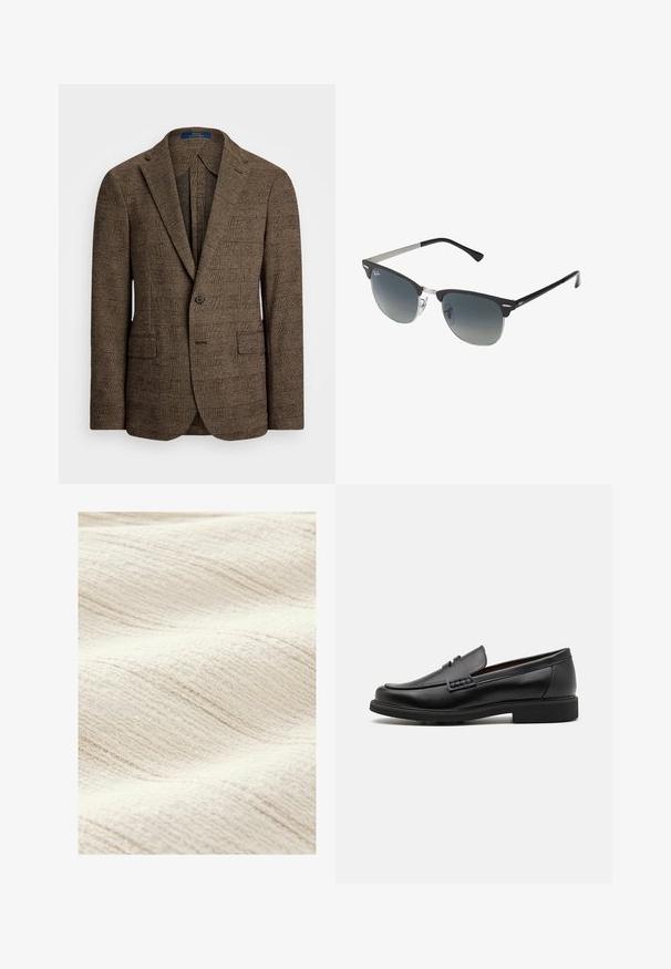 Braun kariertes Sakko mit Spitz- Revers, zwei Vordertaschen und einem Knopfverschluss. Der strukturierte Stoff verleiht dem Design Tiefe.; Hellblaues Langarmhemd mit Knopfleiste, klassischem Kragen, geradem Saum und subtiler Textur. Mit zentraler Knopfverschluss.; Texturiert, cremefarbenes Gewebe mit einem subtilen Wellenmuster. Die Oberfläche erscheint weich und weist feine, unregelmäßige Linien auf, die zusätzliche Tiefe erzeugen.; Schwarze synthetische Slipper mit einer markanten gesteppten Vorderseite, gepolstertem Fußbett und flacher Gummisohle; schlankes Design mit minimaler Detailverarbeitung.; Schwarze und silberne Sonnenbrille mit Katzenaugenform, verlaufenden Gläsern und metallischen Akzenten im Rahmen. Plastische Bügel mit grauen Spitzen.