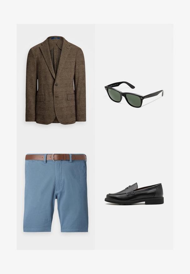 Blazer marrón a cuadros con solapa muesca, dos bolsillos frontales y un cierre de un solo botón. La tela texturizada añade profundidad al diseño.; Camisa de botones de manga larga azul claro con cuello clásico, dobladillo recto y una sutil textura. Presenta un cierre central de botones.; Pantalones cortos de algodón azul con un cinturón de cuero marrón, corte recto, bolsillos frontales y un acabado limpio en los dobladillos.; Mocasines sintéticos negros con un prominente frente cosido, plantilla acolchada y suela plana de goma; diseño elegante con un detalle mínimo.; Gafas de sol de plástico negro con lentes verdes, montura cuadrada, acento plateado en la ceja y brazos texturizados. Marca indicada en el brazo interno.