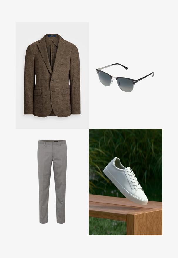 Smešani smeđi sako s oštrim reverima, dva prednja džepa i jednim dugmetom. Teksturalna tkanina dodaje dubinu dizajnu.; Svijetloplava košulja dugih rukava s dugim rukavima i klasičnim ovratnikom, ravnim rubom i suptilnom teksturom. Ima središnje kopčanje na gumbe.; Svijetlosivi krojeni hlače s suptilnom uzorkom prugica, s ravnim prednjim dijelom, ravnim nogavicama i petljama za remen. Izrađene od tkanine s pletenom teksturom.; Bijele tenisice s vezicama lebde iznad drvenih klupa uz pozadinu zelenog lišća, prikazujući dizajn i teksturu obuće.; Crne i srebrne sunčane naočale s oblikom mačjih očiju, lećama s gradijentom i metalnim detaljima na okviru. Plastične ručke s sivim vrhovima.