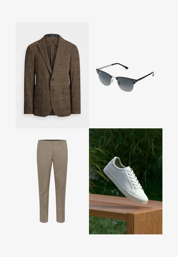 Smešani smeđi sako s oštrim reverima, dva prednja džepa i jednim dugmetom. Teksturalna tkanina dodaje dubinu dizajnu.; Svijetloplava košulja dugih rukava s dugim rukavima i klasičnim ovratnikom, ravnim rubom i suptilnom teksturom. Ima središnje kopčanje na gumbe.; Bež hlače s krojem po mjeri, s diskretnim kariranim uzorkom, ravnim nogavicama, prednjim džepovima i glatkom teksturom tkanine.; Bijele tenisice s vezicama lebde iznad drvenih klupa uz pozadinu zelenog lišća, prikazujući dizajn i teksturu obuće.; Crne i srebrne sunčane naočale s oblikom mačjih očiju, lećama s gradijentom i metalnim detaljima na okviru. Plastične ručke s sivim vrhovima.