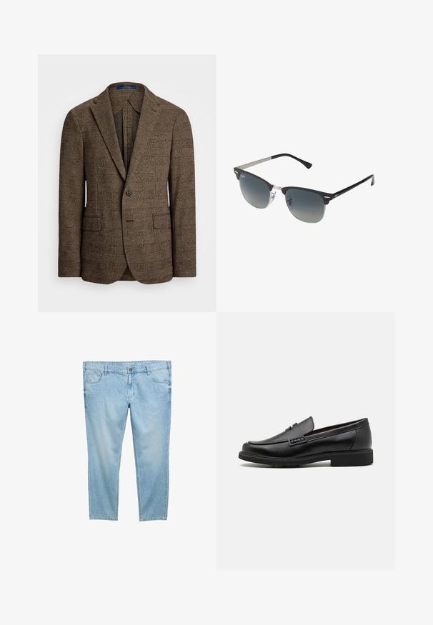 Bruine geruite blazer met een notch-lapel, twee voorzakken en een knoopsluiting met één knop. Gestructureerde stof voegt diepte toe aan het ontwerp.; Lichtblauwe overhemd met lange mouwen, knoopsluiting en een klassieke kraag, met een rechte zoom en een subtiele textuur. Voorzien van een centrale knoopsluiting.; Lichtblauwe denim jeans met een rechte pasvorm, voorzien van voorzakken, riemlussen en een ritsluiting. Glad, lichtgewicht textuur.; Zwarte synthetische loafers met een opvallende gestikte voorkant, gevoerde binnenzool en platte rubberen buitenzool; slank ontwerp met minimale details.; Zwarte en zilveren zonnebril met een cat-eye vorm, gradient lenzen en metalen accenten op het montuur. Plastic armen met grijze punten.