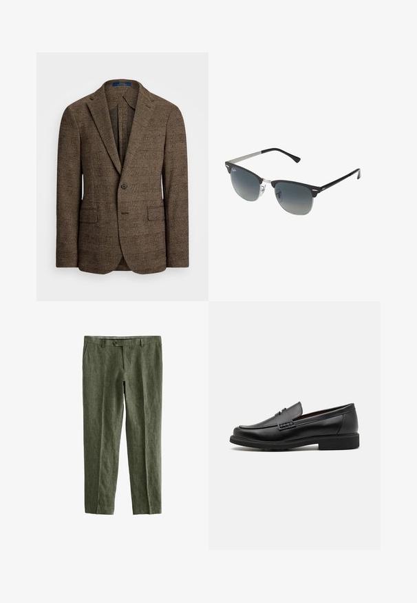 Sacou cu carouri maro, cu rever în unghi, două buzunare frontale și închidere cu un singur nasture. Materialul texturat adaugă profunzime designului.; Cămașă cu mâneci lungi de un albastru deschis, cu guler clasic, tiv drept și o textură subtilă. Prezintă un închidere centrală cu nasturi.; Next SIGNATURE - REGULAR FIT - Pantaloni - olive green; Mocasini negri din material sintetic, cu un vârf cusut proeminent, interior căptușit și talpă plată din cauciuc; design elegant cu detalii minime.; Ochelari de soare negri și argintii cu o formă cat-eye, lentile cu gradient și accente metalice pe ramă. Brațe din plastic cu vârfuri gri.