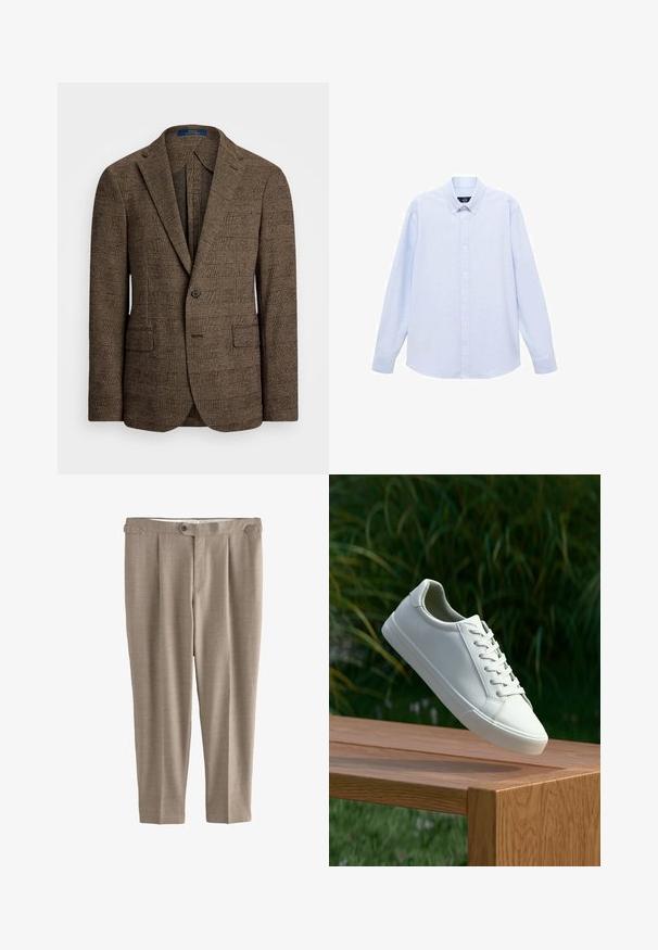 Blazer a scacchi marrone con revers a punta, due tasche frontali e chiusura con un solo bottone. Il tessuto testurizzato aggiunge profondità al design.; Camicia azzurra a maniche lunghe con colletto classico, orlo dritto e una trama sottile. Presenta una chiusura centrale con bottoni.; Pantaloni beige a gamba dritta con una trama liscia, chiusura a un bottone e due pieghe frontali, dotati di passanti per cintura e senza tasche.; Sneaker bianco con lacci sospeso sopra una panchina di legno, con fogliame verde sullo sfondo, che mette in mostra il design e la texture della scarpa.