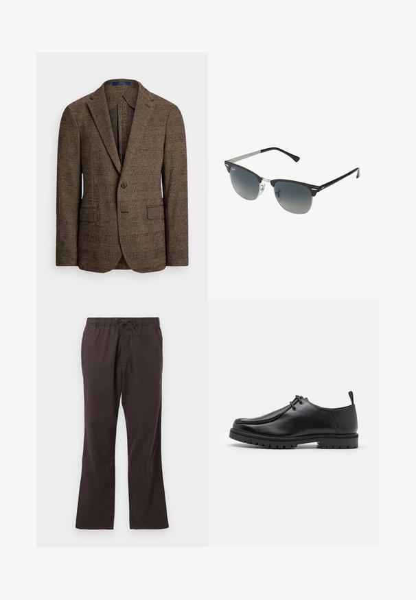 Brown checkered blazer with a notched lapel, two front pockets, and a single button closure. Textured fabric adds depth to the design.; Light blue long-sleeve button-up shirt with a classic collar, straight hem, and subtle texture. Features a central button closure.; Dark brown elastic waist pants with a drawstring, featuring a straight leg design and smooth, textured fabric.; Black leather lace-up shoe with a rugged sole and pull tab at the heel, shown from the side on a white background.; Black and silver sunglasses with a cat-eye shape, gradient lenses, and metallic accents on the frame. Plastic arms with grey tips.