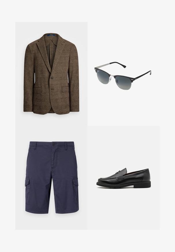 Brown checkered blazer with a notched lapel, two front pockets, and a single button closure. Textured fabric adds depth to the design.; Light blue long-sleeve button-up shirt with a classic collar, straight hem, and subtle texture. Features a central button closure.; Navy blue cargo shorts made of durable fabric, featuring side pockets, a button closure, and a textured finish.; Black synthetic loafers with a prominent stitched front, cushioned insole, and flat rubber outsole; sleek design with minimal detailing.; Black and silver sunglasses with a cat-eye shape, gradient lenses, and metallic accents on the frame. Plastic arms with grey tips.