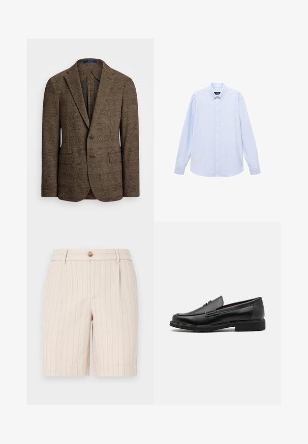 Sacou cu carouri maro, cu rever în unghi, două buzunare frontale și închidere cu un singur nasture. Materialul texturat adaugă profunzime designului.; Cămașă cu mâneci lungi de un albastru deschis, cu guler clasic, tiv drept și o textură subtilă. Prezintă un închidere centrală cu nasturi.; Șorturi bej dintr-un material ușor, cu un model cu dungi fine, închidere frontală cu nasture și buzunare laterale.; Mocasini negri din material sintetic, cu un vârf cusut proeminent, interior căptușit și talpă plată din cauciuc; design elegant cu detalii minime.