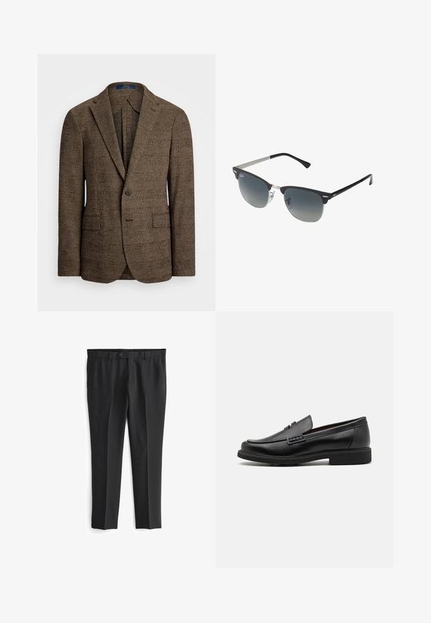 Ruskea ruutukuosiset bleiseri, jossa on leikkauslaput, kaksi etutaskua ja yksi nappikiinnitys. Rakenteellinen kangas lisää syvyyttä muotoilulle.; Vaaleansininen pitkähihainen nappipaita klassisella kauluksella, suora helma ja hienovarainen rakenne. Keskellä nappisuljenta.; Mustat muotolöysit housut, joissa on tasainen etuosa, kaksi sivutaskua ja nappisulku. Sileä rakenne ja suora lahjemuoto.; Musta keinotekoinen mokka, jossa on korostettu ommeltu etuosa, pehmeä sisäpohja ja litteä kumipohja; tyylikäs muotoilu, jossa on vähäistä yksityiskohtaisuutta.; Mustat ja hopeiset aurinkolasit, joissa on kissansilmämuoto, gradientti linssit ja metalliset yksityiskohdat kehysissä. Muoviset sangan päät harmaat.