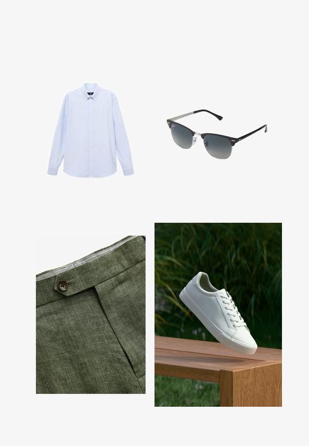 Brązowa marynarka w kratę z wyciętym kołnierzem, dwoma przednimi kieszeniami i zapięciem na jeden guzik. Teksturowana tkanina dodaje głębi do projektu.; Jasnoniebieska koszula z długim rękawem, zapinana na guziki, z klasycznym kołnierzykiem, prostym dołem i subtelną teksturą. Posiada centralne zapięcie na guziki.; Zielone lniane spodnie w odcieniu oliwkowym z plisami z przodu, posiadające zapięcie na guzik i kontrastową kratkowaną podszewkę w pasie.; Białe sneakersy sznurowane unoszące się nad drewnianą ławką z zielonymi liśćmi w tle, ukazujące wzór i teksturę buta.; Czarno-srebrne okulary przeciwsłoneczne w kształcie kociego oka, z gradientowymi soczewkami i metalowymi akcentami na oprawie. Plastikowe ramiona z szarymi końcówkami.