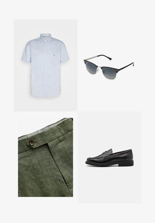 Braun kariertes Sakko mit Spitz- Revers, zwei Vordertaschen und einem Knopfverschluss. Der strukturierte Stoff verleiht dem Design Tiefe.; Helles blaues Kurzarmhemd mit einem Button-Down-Kragen, ausgestattet mit einer linken Brusttasche und einem kleinen Logodetail. Aus glattem Stoff hergestellt.; Olivengrüne Leinenhose mit einem Bundfalten, ausgestattet mit einem Knopfverschluss und einem kontrastierenden karierten Futter am Bund.; Schwarze synthetische Slipper mit einer markanten gesteppten Vorderseite, gepolstertem Fußbett und flacher Gummisohle; schlankes Design mit minimaler Detailverarbeitung.; Schwarze und silberne Sonnenbrille mit Katzenaugenform, verlaufenden Gläsern und metallischen Akzenten im Rahmen. Plastische Bügel mit grauen Spitzen.