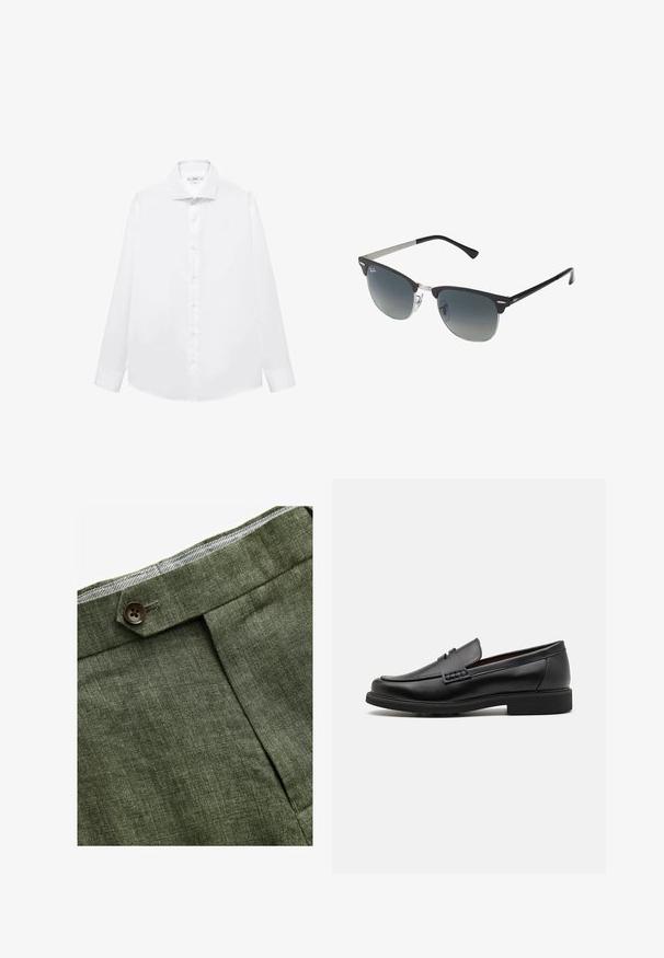 Sacou cu carouri maro, cu rever în unghi, două buzunare frontale și închidere cu un singur nasture. Materialul texturat adaugă profunzime designului.; Cămașă albă cu mâneci lungi, fabricată din bumbac fin, având o guler ascuțit, închidere cu nasturi pe față și tiv drept.; Pantaloni din in de culoare verde măslin, cu pliu frontal, dotati cu închidere cu nasture și căptușeală cu un model în carouri contrastant la talie.; Mocasini negri din material sintetic, cu un vârf cusut proeminent, interior căptușit și talpă plată din cauciuc; design elegant cu detalii minime.; Ochelari de soare negri și argintii cu o formă cat-eye, lentile cu gradient și accente metalice pe ramă. Brațe din plastic cu vârfuri gri.