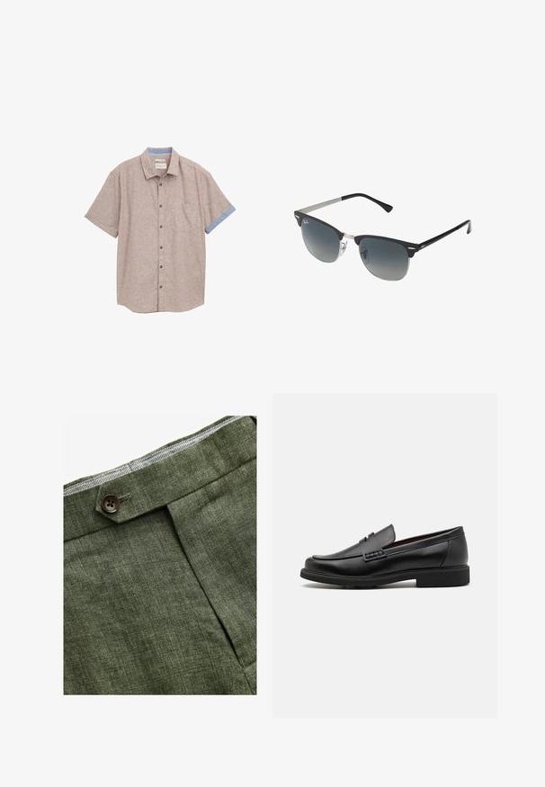 Rjav karirani blazer z razkošnim ovratnikom, dvema sprednjima žepoma in zapiranjem na en gumb. Teksturirano blago dodaja globino oblikovanju.; Srajca s kratkimi rokavi iz svetlo rjave tkanine s subtilno teksturo, ki ima žep na prsih in kontrastne modre poudarke na manšeti in ovratniku.; Olivnozeleni laneni hlače s prednjim plisem, ki vključujejo gumb za zapiranje in kontrastno karirasto oblogo na pasu.; Črne sintetične loafers čevlje s poudarjenim šivanim sprednjim delom, blazinasto vložkom in ravnim gumijastim podplatom; eleganten dizajn z minimalnimi detajli.; Črne in srebrne sončna očala v obliki mačjih oči, z gradientnimi lečami in kovinskimi dodatki na okvirju. Plastične ročke s sivimi konicami.