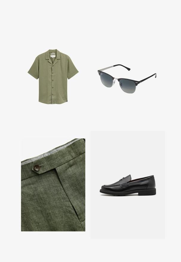 Sacou cu carouri maro, cu rever în unghi, două buzunare frontale și închidere cu un singur nasture. Materialul texturat adaugă profunzime designului.; Cămașă cu mânecă scurtă, cu nasturi, în verde măsliniu, fabricată dintr-un material ușor, cu guler ascuțit și textură subtilă. Prezintă nasturi închisi la culoare.; Pantaloni din in de culoare verde măslin, cu pliu frontal, dotati cu închidere cu nasture și căptușeală cu un model în carouri contrastant la talie.; Mocasini negri din material sintetic, cu un vârf cusut proeminent, interior căptușit și talpă plată din cauciuc; design elegant cu detalii minime.; Ochelari de soare negri și argintii cu o formă cat-eye, lentile cu gradient și accente metalice pe ramă. Brațe din plastic cu vârfuri gri.